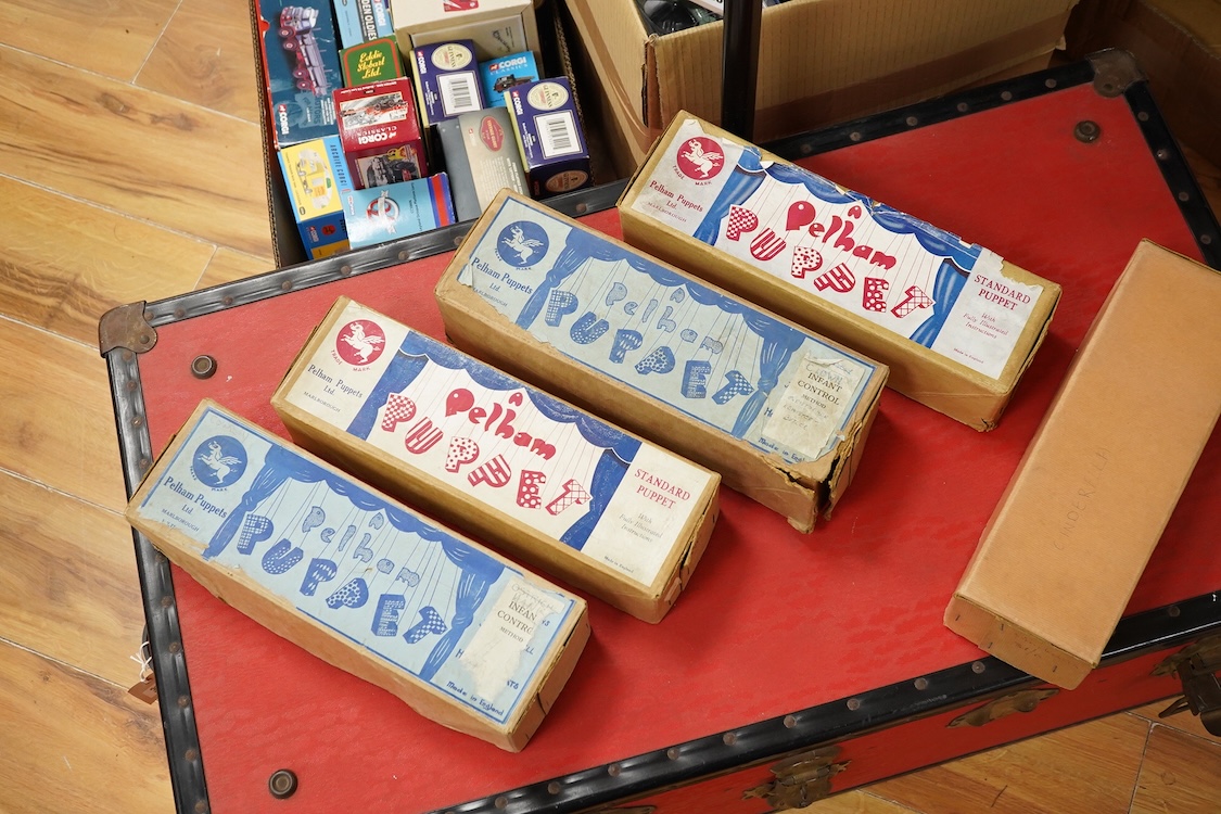 Five Pelham Puppets, four in boxes, including; Prince Charming, a Type SL Fairy Godmother, a Cowboy, Wags the Dog, and Cinderella (unboxed)